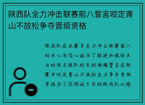 陕西队全力冲击联赛前八誓言咬定青山不放松争夺晋级资格