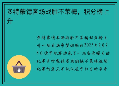 多特蒙德客场战胜不莱梅，积分榜上升