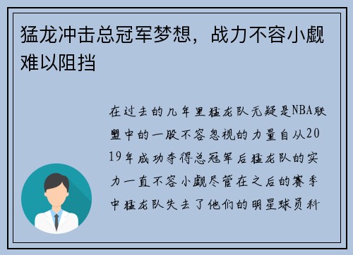 猛龙冲击总冠军梦想，战力不容小觑难以阻挡