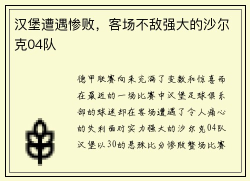 汉堡遭遇惨败，客场不敌强大的沙尔克04队