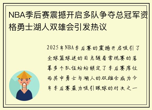 NBA季后赛震撼开启多队争夺总冠军资格勇士湖人双雄会引发热议