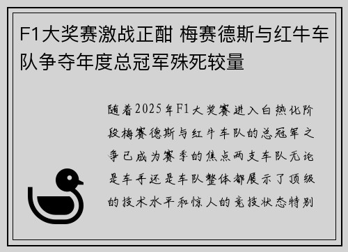 F1大奖赛激战正酣 梅赛德斯与红牛车队争夺年度总冠军殊死较量