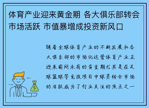 体育产业迎来黄金期 各大俱乐部转会市场活跃 市值暴增成投资新风口