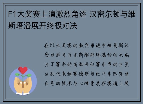 F1大奖赛上演激烈角逐 汉密尔顿与维斯塔潘展开终极对决