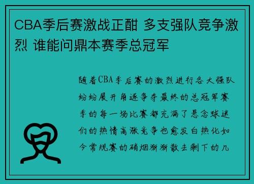 CBA季后赛激战正酣 多支强队竞争激烈 谁能问鼎本赛季总冠军